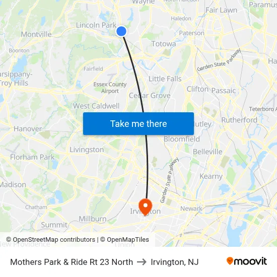 Mothers Park & Ride Rt 23 North to Irvington, NJ map