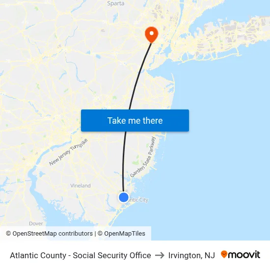 Atlantic County - Social Security Office to Irvington, NJ map