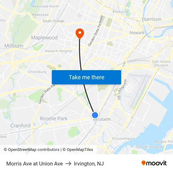 Morris Ave at Union Ave to Irvington, NJ map