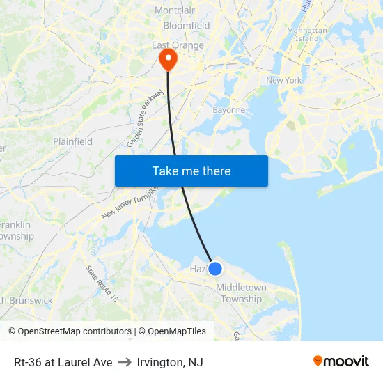 Rt-36 at Laurel Ave to Irvington, NJ map