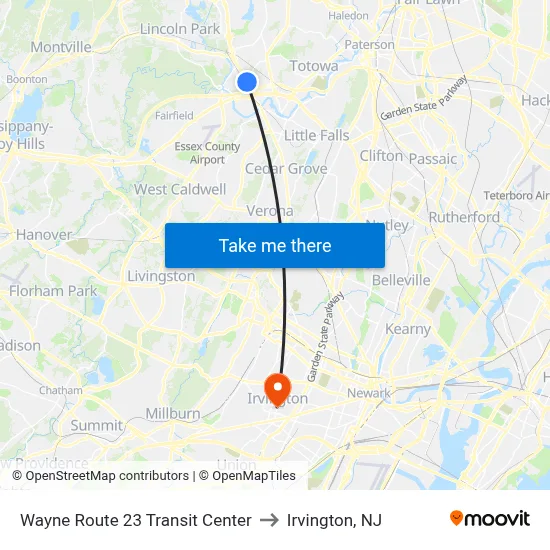 Wayne Route 23 Transit Center to Irvington, NJ map