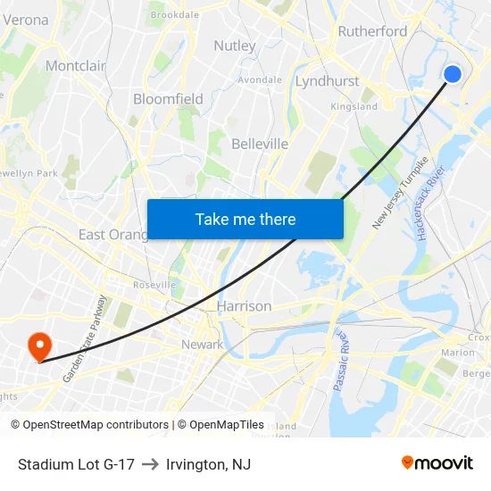 Stadium Lot G-17 to Irvington, NJ map