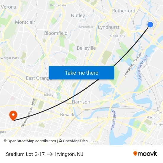 Stadium Lot G-17 to Irvington, NJ map