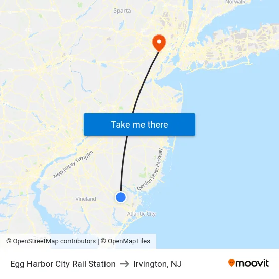 Egg Harbor City Rail Station to Irvington, NJ map
