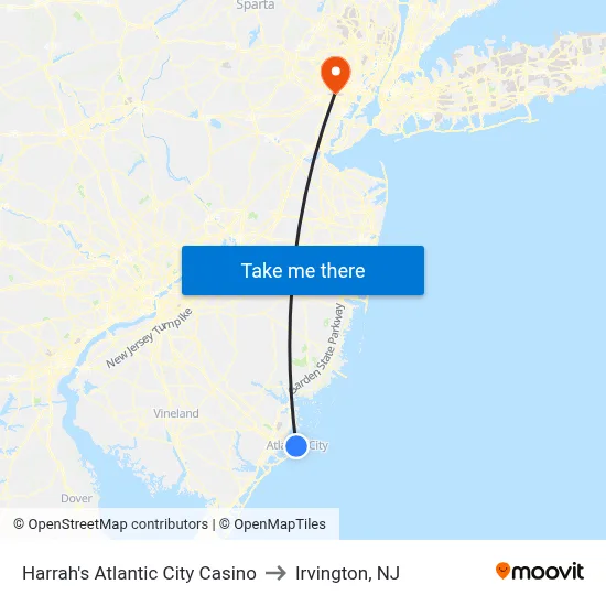 Harrah's Atlantic City Casino to Irvington, NJ map