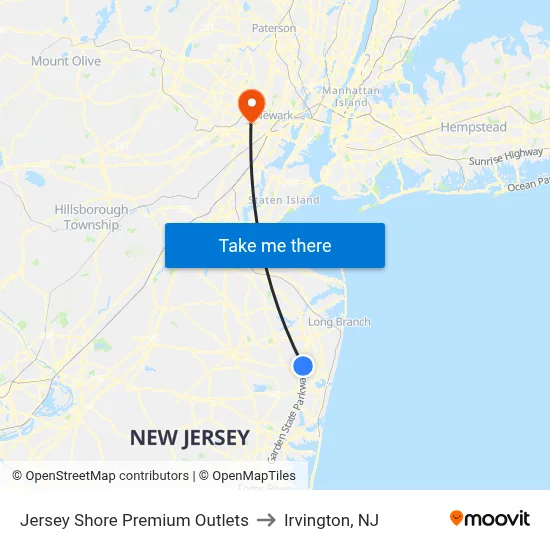 Jersey Shore Premium Outlets to Irvington, NJ map