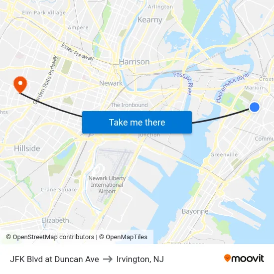 JFK Blvd at Duncan Ave to Irvington, NJ map