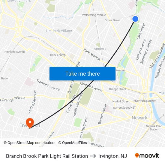 Branch Brook Park Light Rail Station to Irvington, NJ map