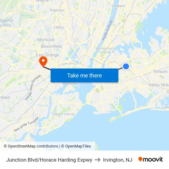 Junction Blvd/Horace Harding Expwy to Irvington, NJ map