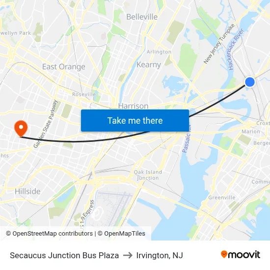 Secaucus Junction Bus Plaza to Irvington, NJ map