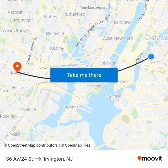 36 Av/24 St to Irvington, NJ map