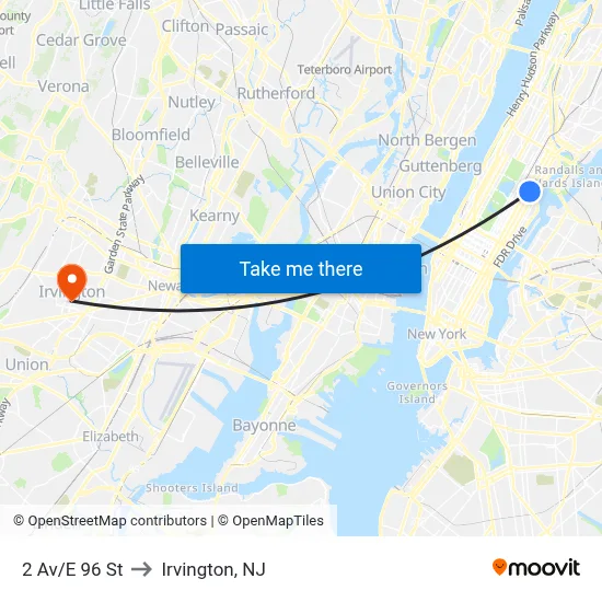 2 Av/E 96 St to Irvington, NJ map