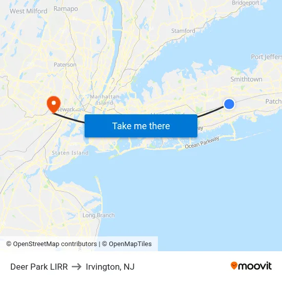 Deer Park LIRR to Irvington, NJ map