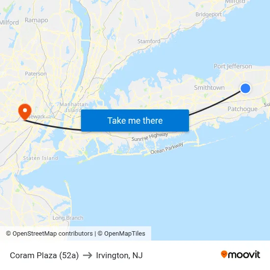 Coram Plaza (52a) to Irvington, NJ map