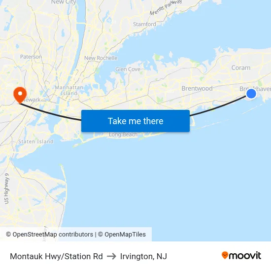 Montauk Hwy/Station Rd to Irvington, NJ map