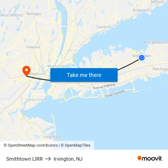Smithtown LIRR to Irvington, NJ map