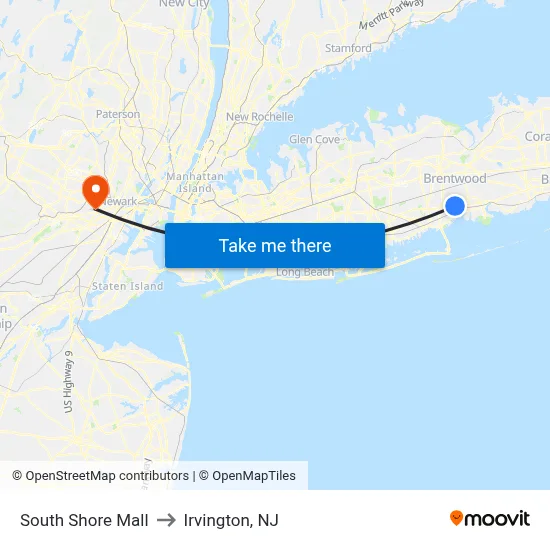 South Shore Mall to Irvington, NJ map