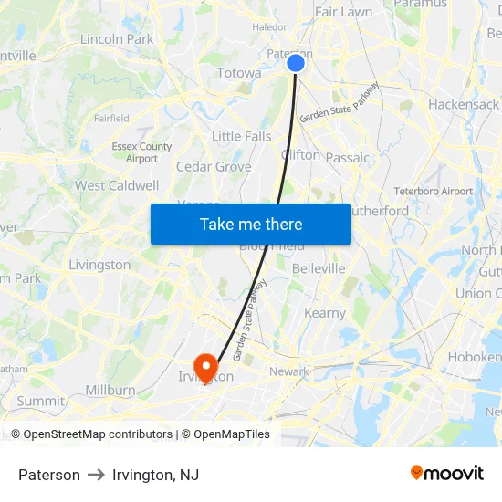 Paterson to Irvington, NJ map