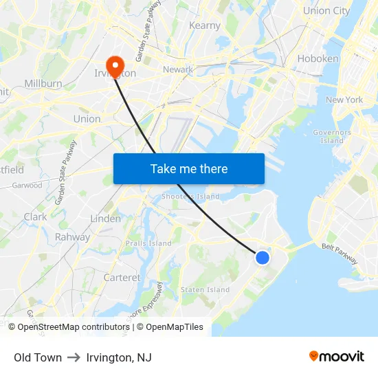 Old Town to Irvington, NJ map