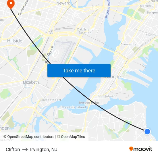 Clifton to Irvington, NJ map