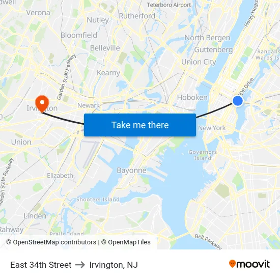 East 34th Street to Irvington, NJ map