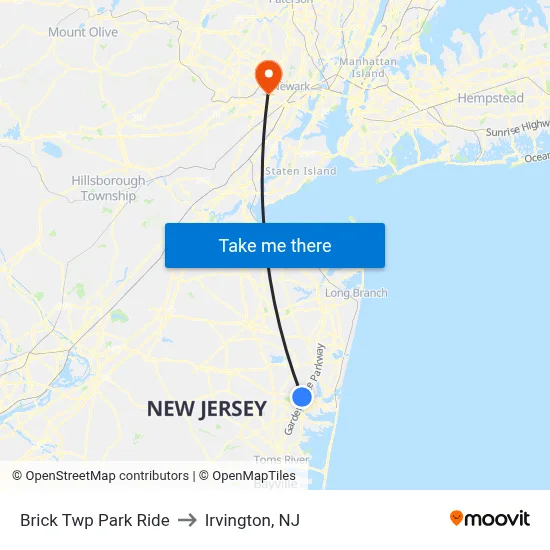 Brick Twp Park Ride to Irvington, NJ map