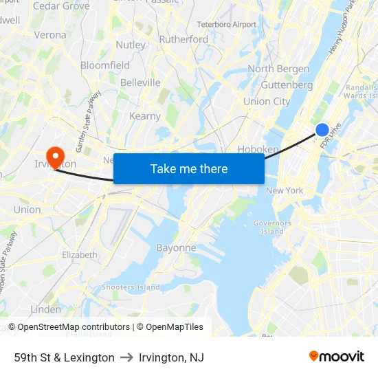 59th St & Lexington to Irvington, NJ map