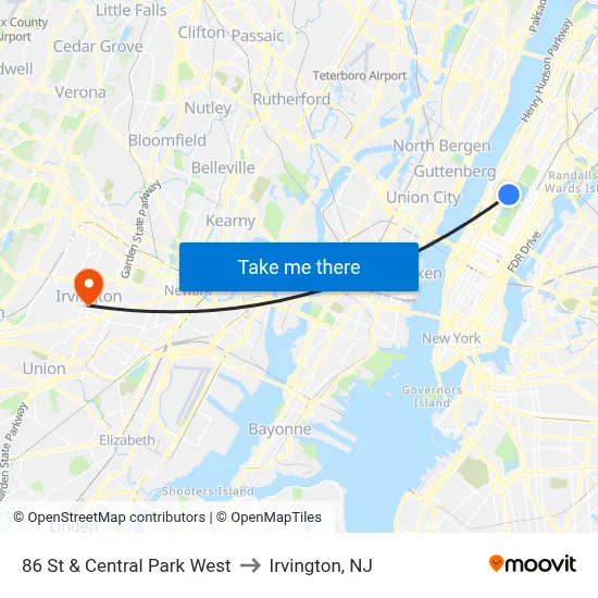 86 St & Central Park West to Irvington, NJ map