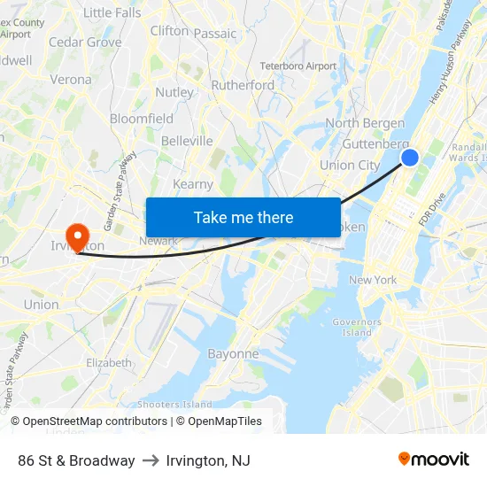 86 St & Broadway to Irvington, NJ map