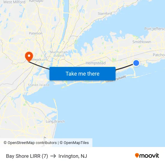 Bay Shore LIRR (7) to Irvington, NJ map