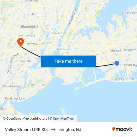 Valley Stream LIRR Sta. to Irvington, NJ map