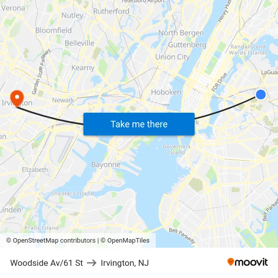Woodside Av/61 St to Irvington, NJ map