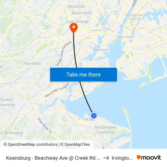 Keansburg -  Beachway Ave @ Creek Rd (Northbound) to Irvington, NJ map
