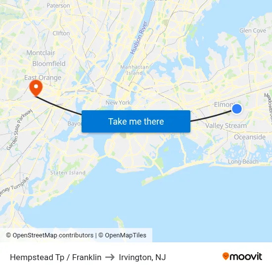 Hempstead Tp / Franklin to Irvington, NJ map