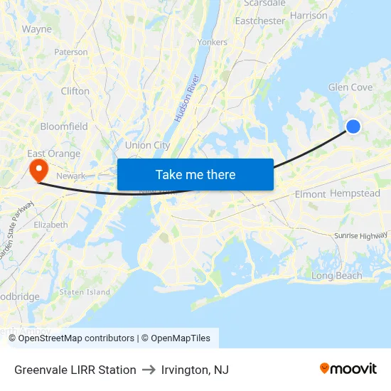 Greenvale LIRR Station to Irvington, NJ map