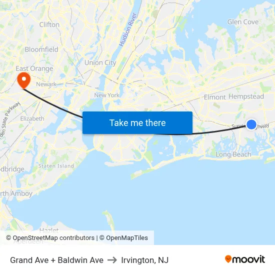 Grand Ave + Baldwin Ave to Irvington, NJ map