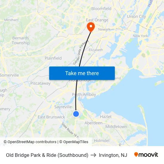 Old Bridge Park & Ride (Southbound) to Irvington, NJ map