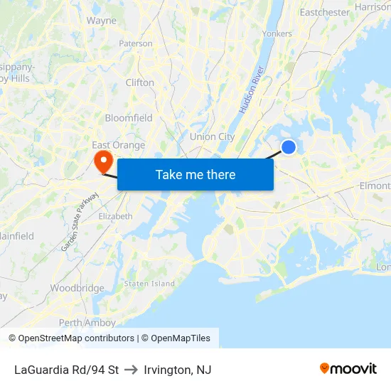 LaGuardia Rd/94 St to Irvington, NJ map