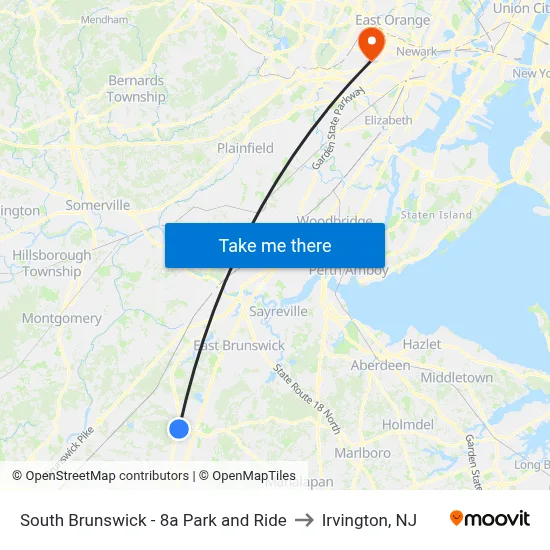 South Brunswick - 8a Park and Ride to Irvington, NJ map