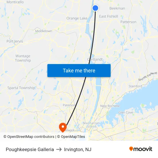 Poughkeepsie Galleria to Irvington, NJ map