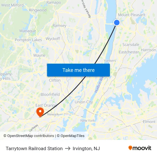 Tarrytown Railroad Station to Irvington, NJ map