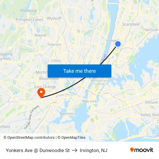 Yonkers Ave @ Dunwoodie St to Irvington, NJ map