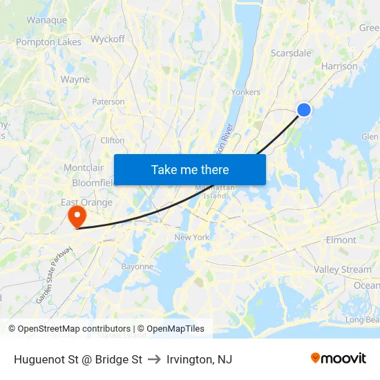 Huguenot St @ Bridge St to Irvington, NJ map