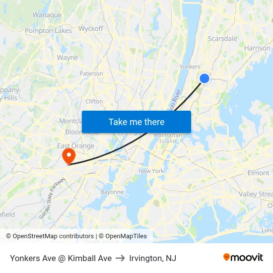 Yonkers Ave @ Kimball Ave to Irvington, NJ map