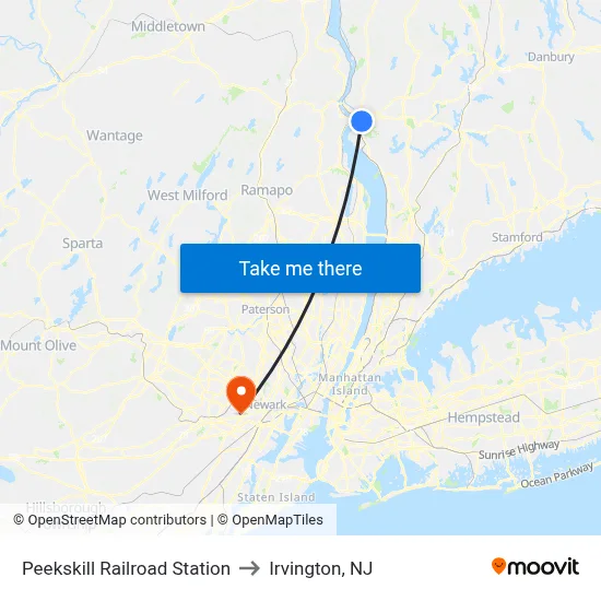 Peekskill Railroad Station to Irvington, NJ map