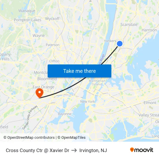 Cross County Ctr @ Xavier Dr to Irvington, NJ map