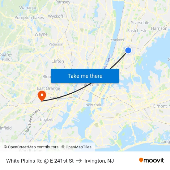 White Plains Rd @ E 241st St to Irvington, NJ map