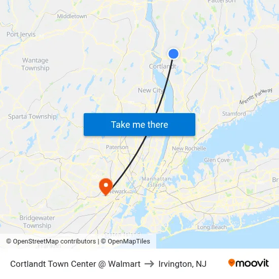 Cortlandt Town Center @ Walmart to Irvington, NJ map