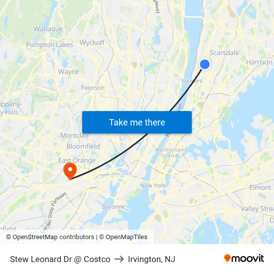 Stew Leonard Dr @ Costco to Irvington, NJ map