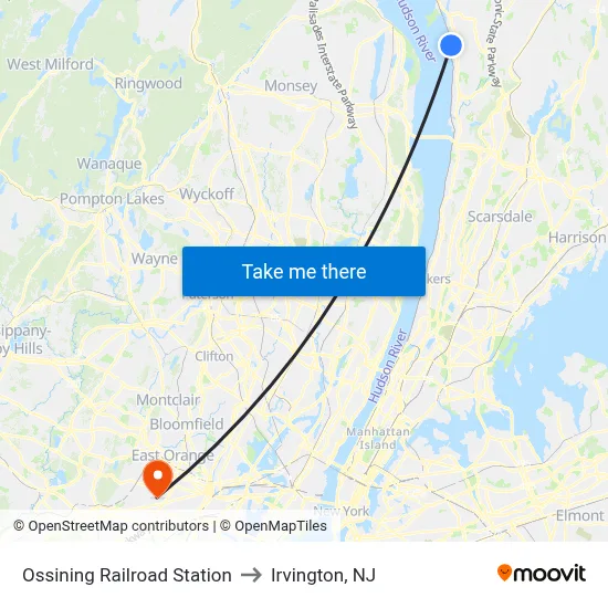Ossining Railroad Station to Irvington, NJ map